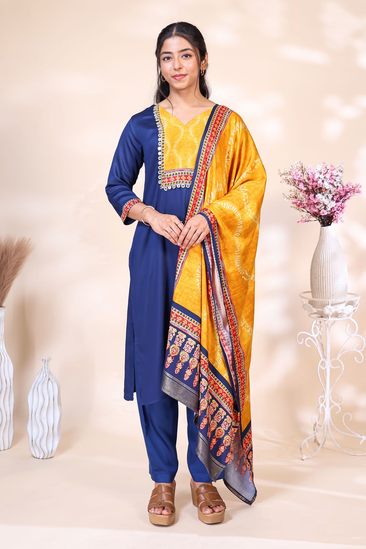 Elegant Royal Blue & Mustard Yellow Silk Blend Kurta Set with Printed Dupatta