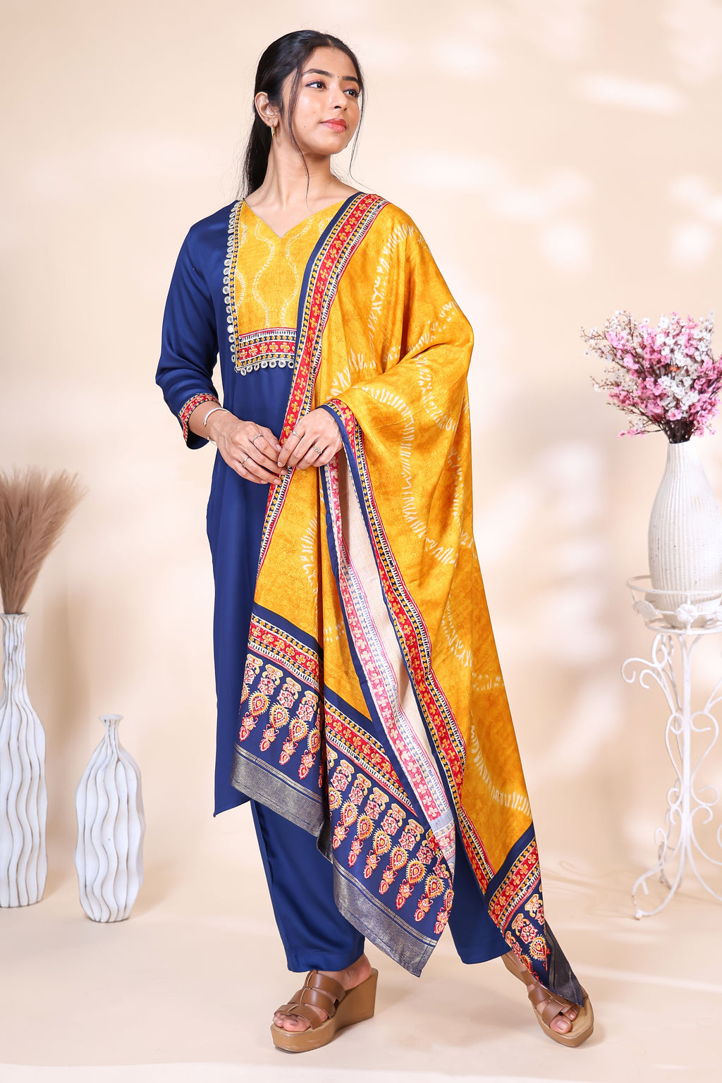 Elegant Royal Blue & Mustard Yellow Silk Blend Kurta Set with Printed Dupatta