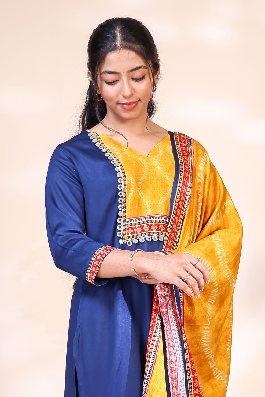 Elegant Royal Blue & Mustard Yellow Silk Blend Kurta Set with Printed Dupatta