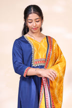 Elegant Royal Blue & Mustard Yellow Silk Blend Kurta Set with Printed Dupatta
