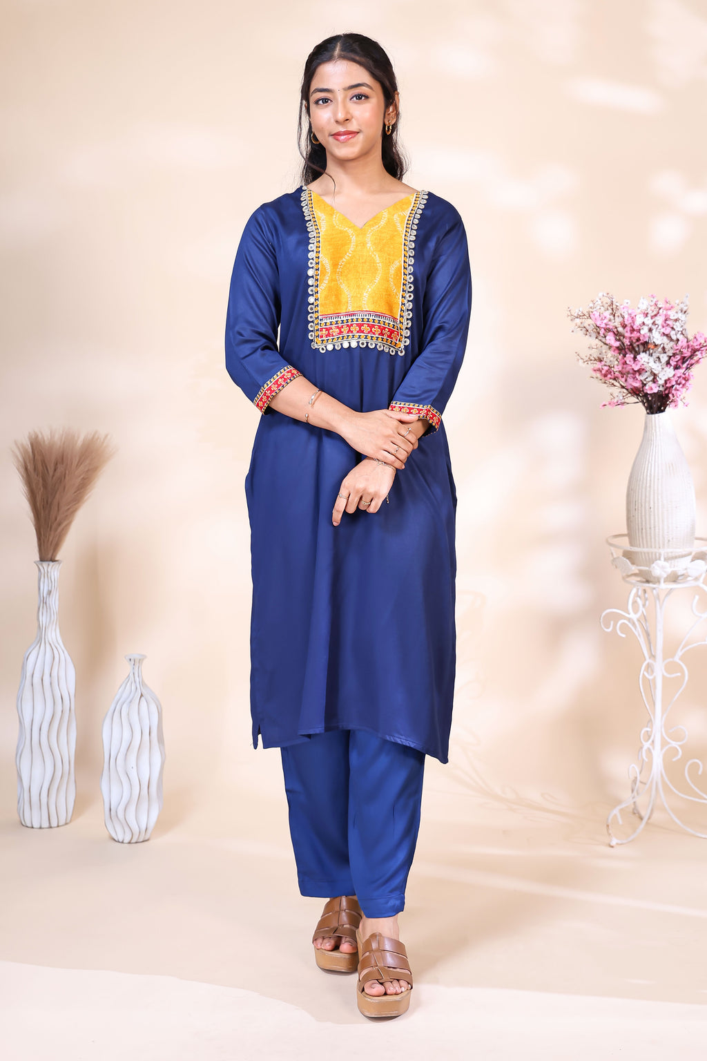 Elegant Royal Blue & Mustard Yellow Silk Blend Kurta Set with Printed Dupatta