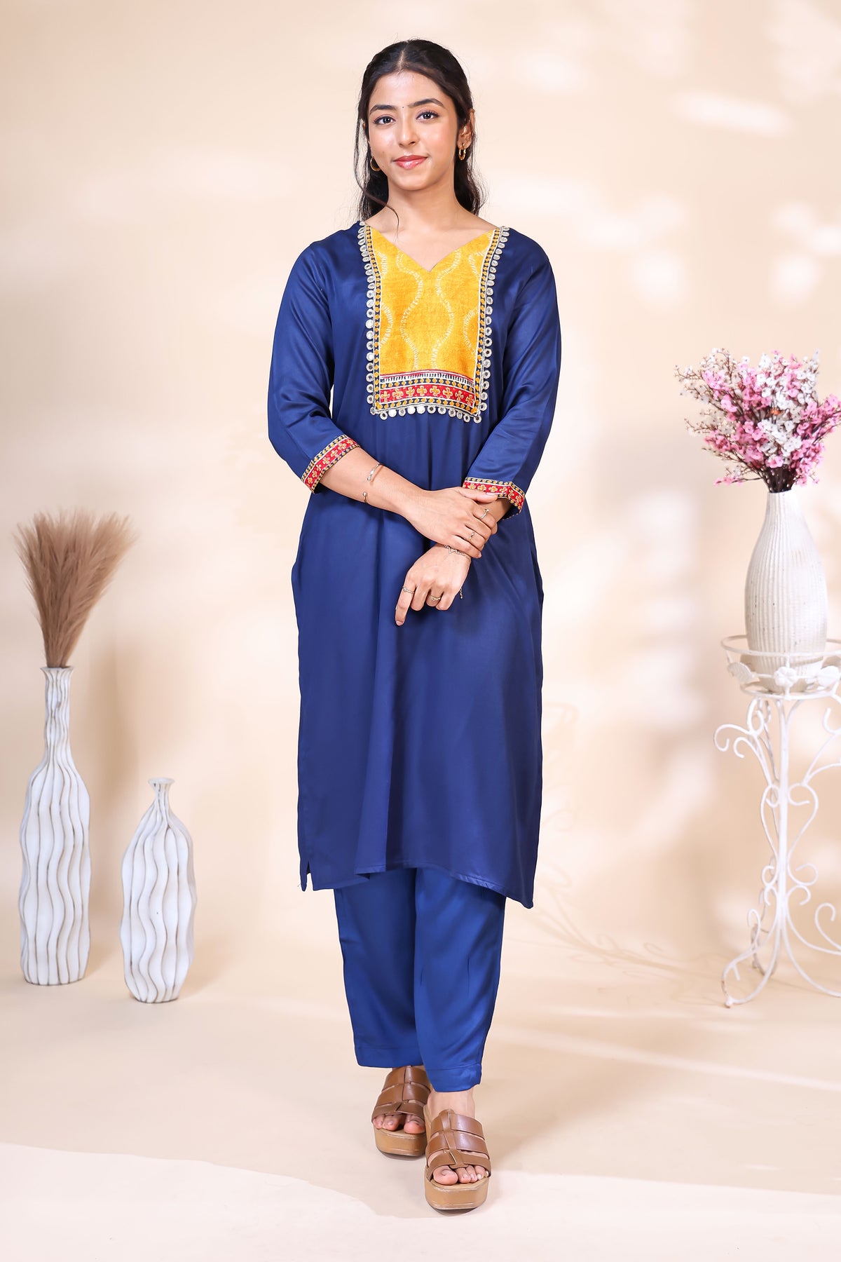 Elegant Royal Blue & Mustard Yellow Silk Blend Kurta Set with Printed Dupatta