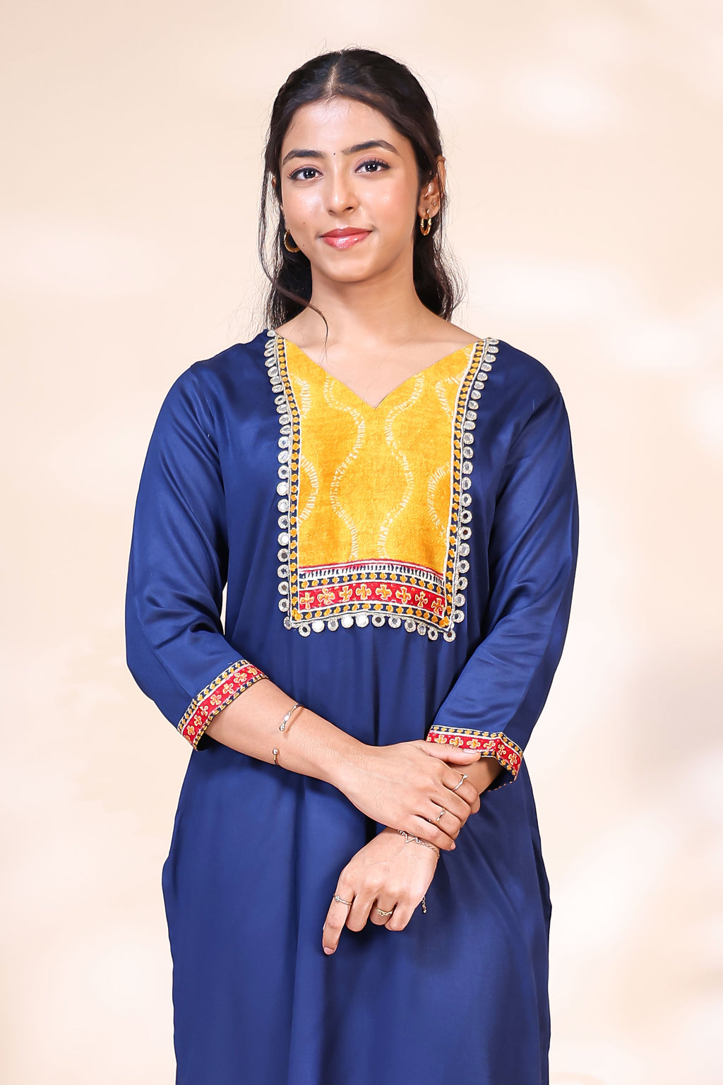 Elegant Royal Blue & Mustard Yellow Silk Blend Kurta Set with Printed Dupatta
