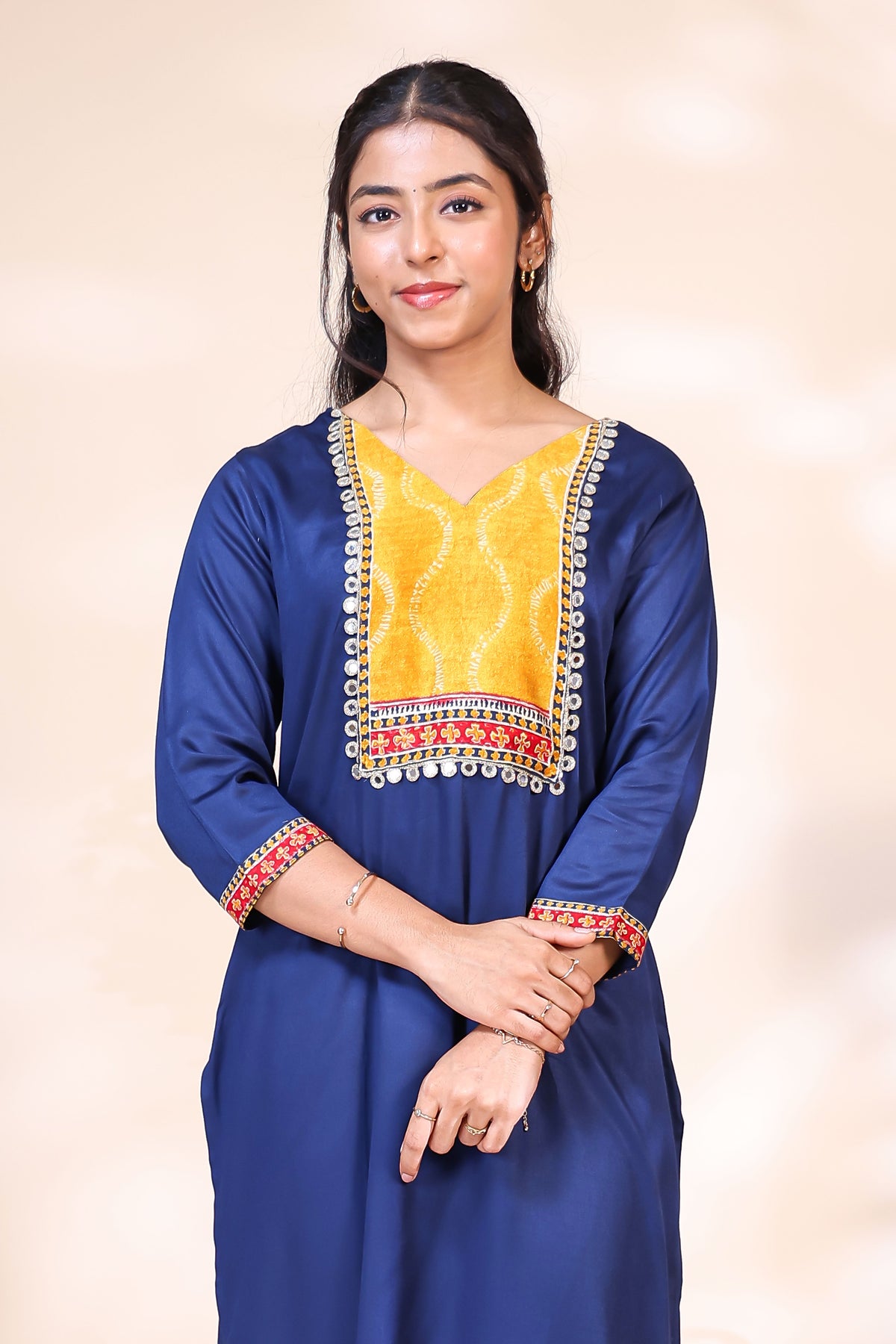 Elegant Royal Blue & Mustard Yellow Silk Blend Kurta Set with Printed Dupatta