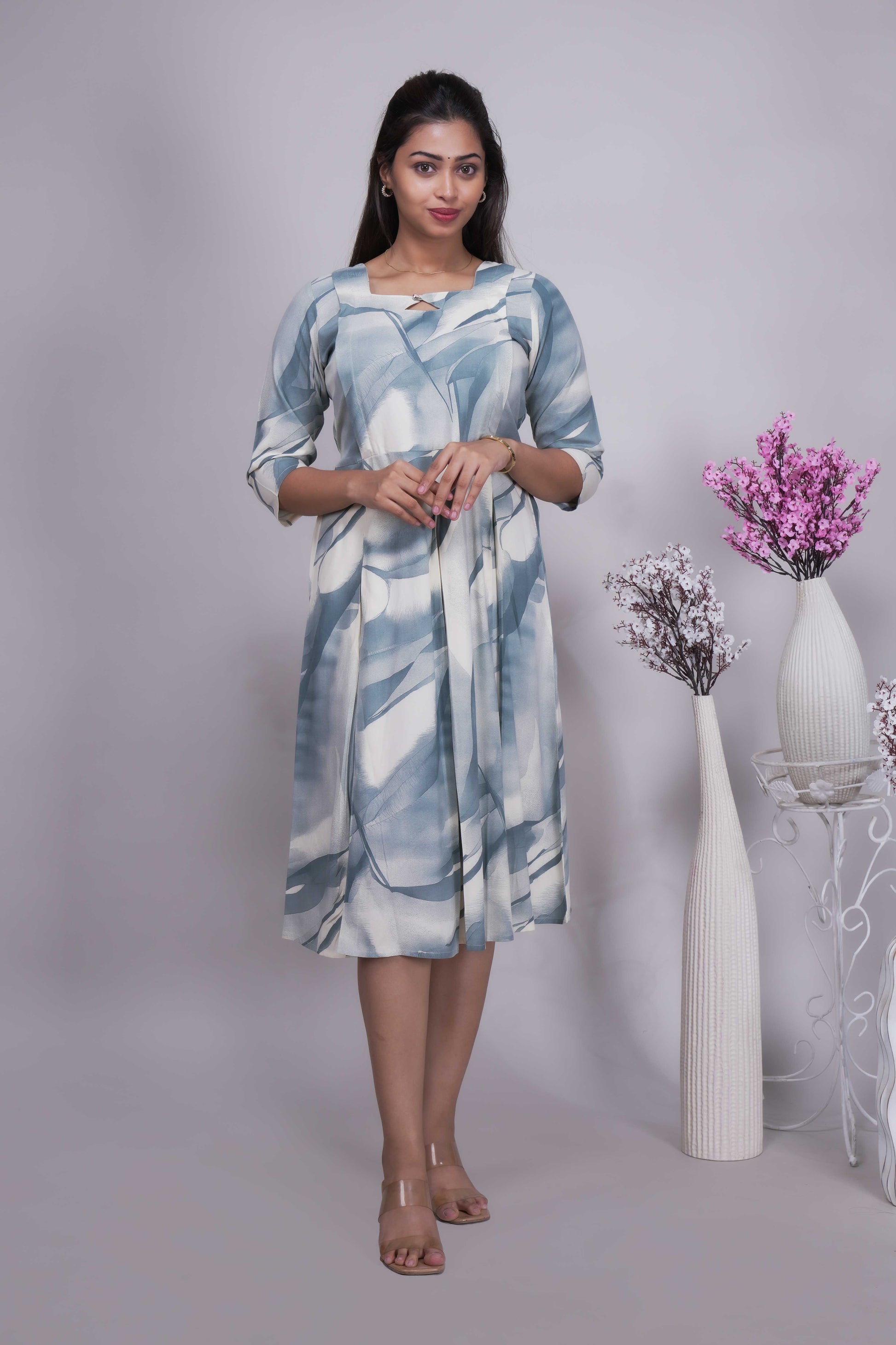 Abstract Printed Sweetheart Neck A-Line Dress