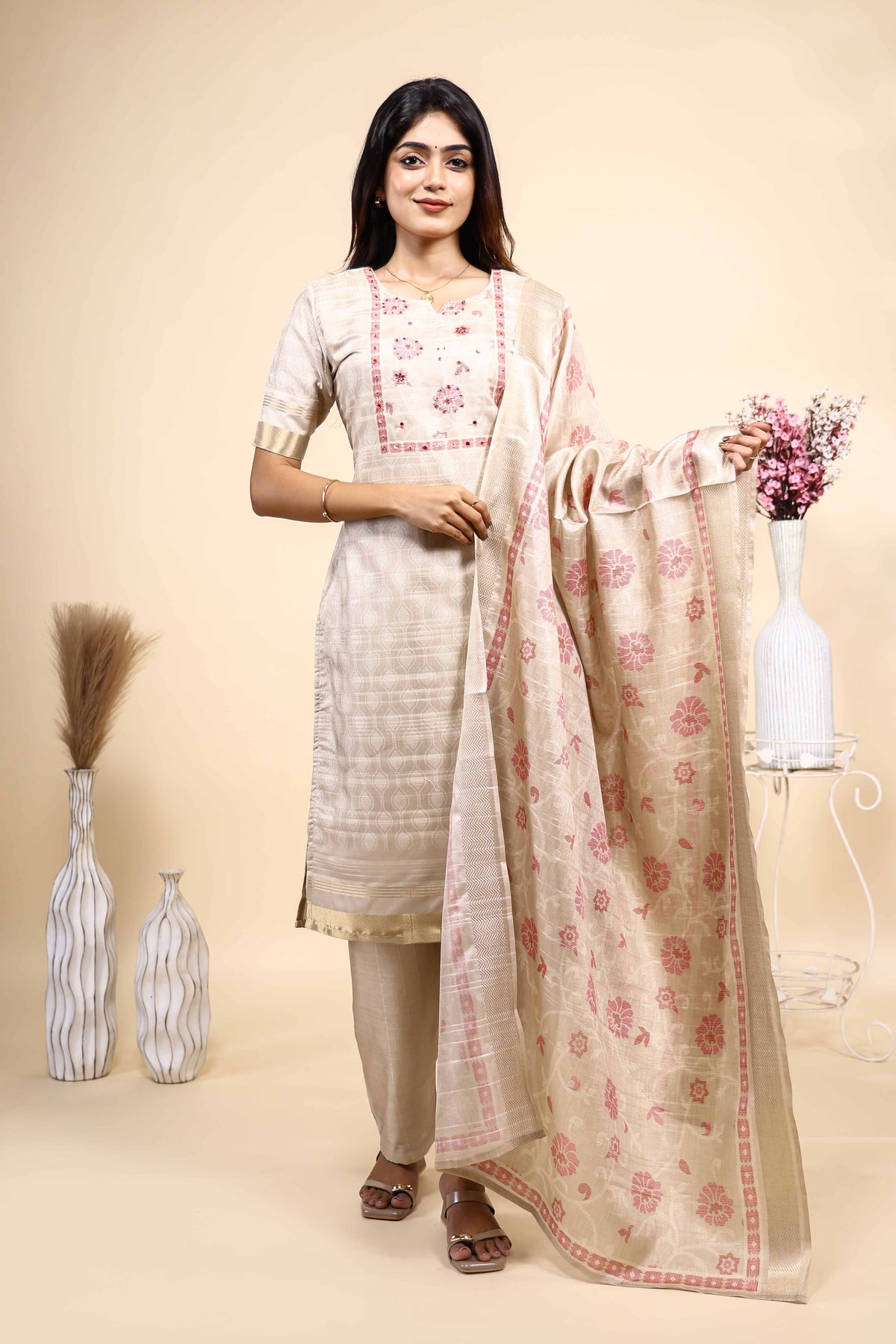 Elegant Beige loral Embroidered Unstitched/Stitched Salwar Suit Set with Matching Dupatta set