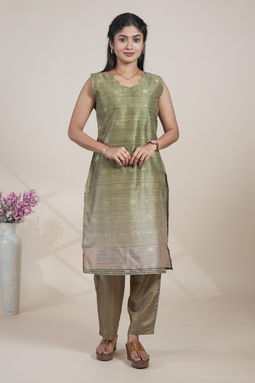 Elegant Olive Green Kurta Set with Light Peach Printed Dupatta