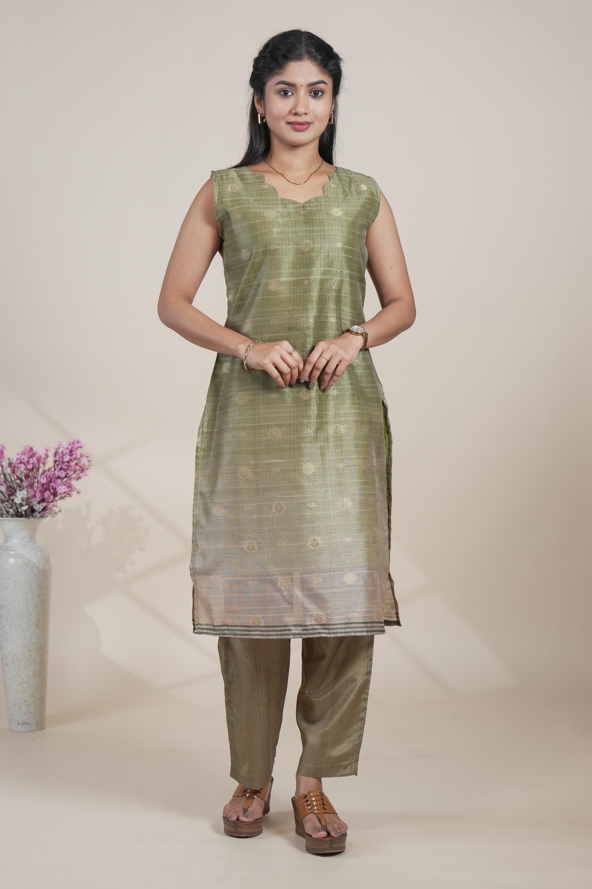 Elegant Olive Green Kurta Set with Light Peach Printed Dupatta