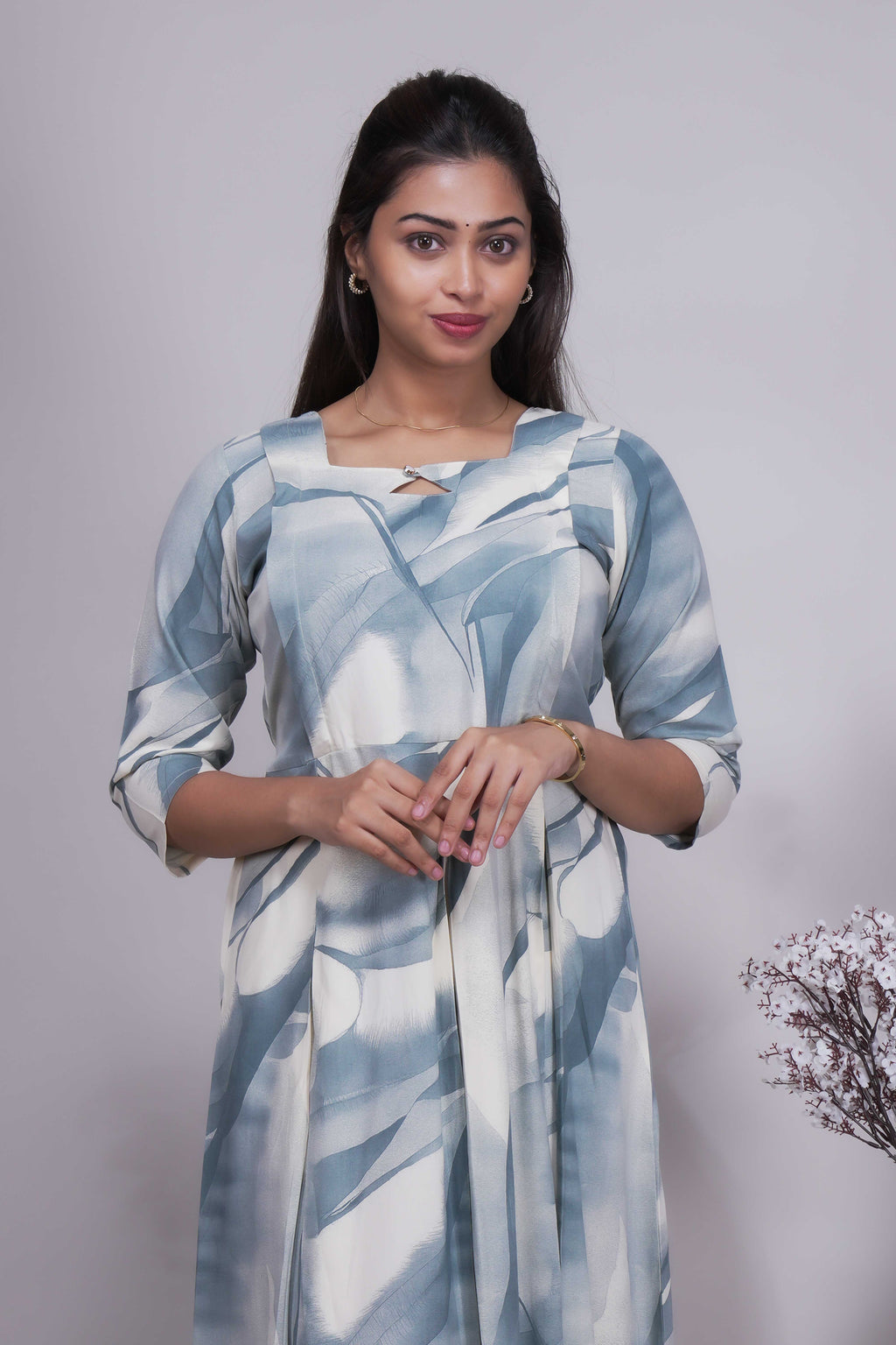 Abstract Printed Sweetheart Neck A-Line Dress