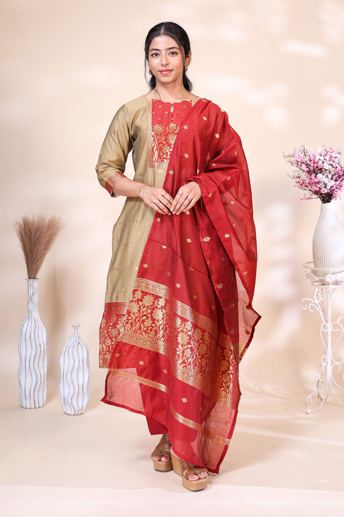 Elegant Beige and Red Kurta Set with Zari Woven Dupatta