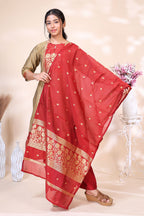 Elegant Beige and Red Kurta Set with Zari Woven Dupatta