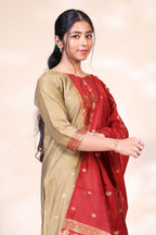 Elegant Beige and Red Kurta Set with Zari Woven Dupatta