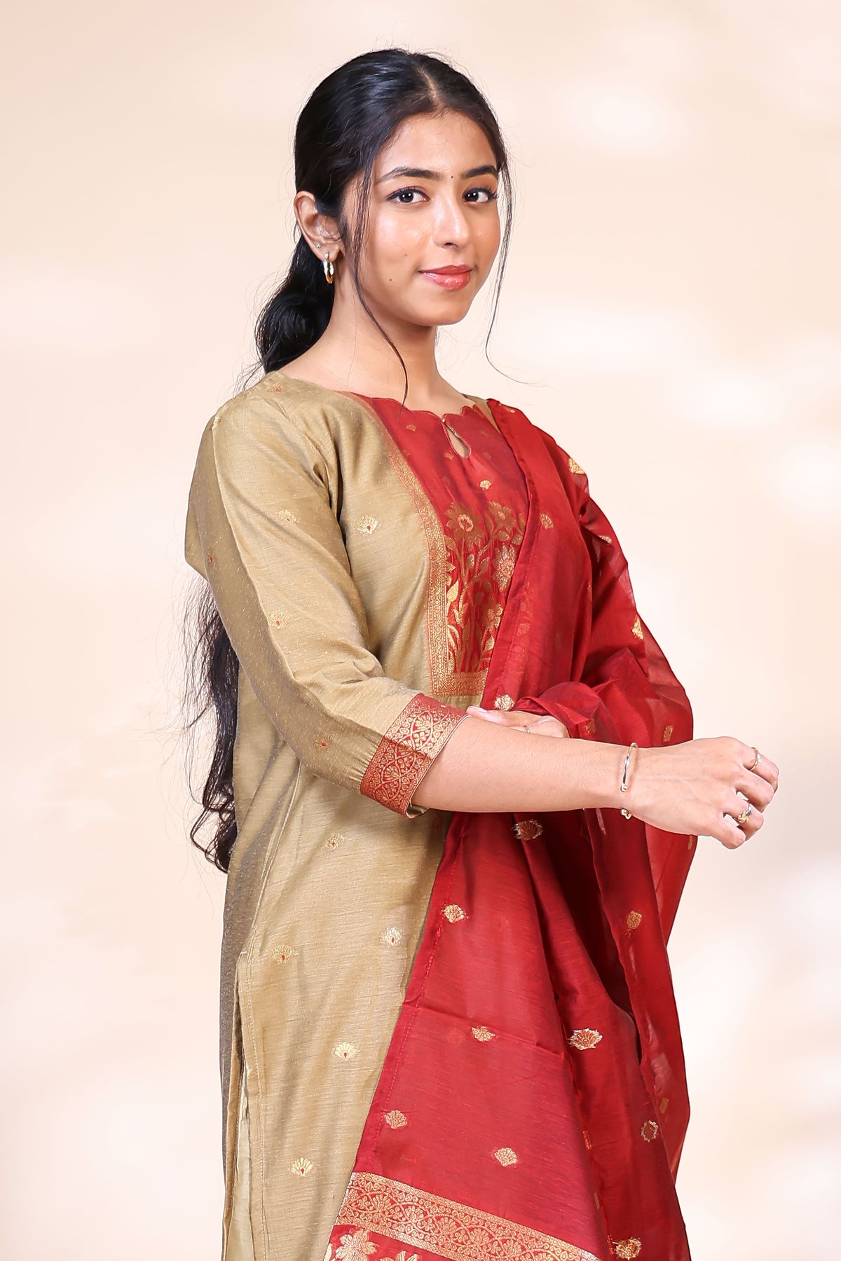 Elegant Beige and Red Kurta Set with Zari Woven Dupatta