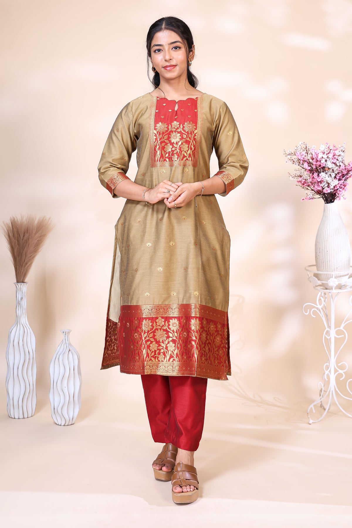 Elegant Beige and Red Kurta Set with Zari Woven Dupatta