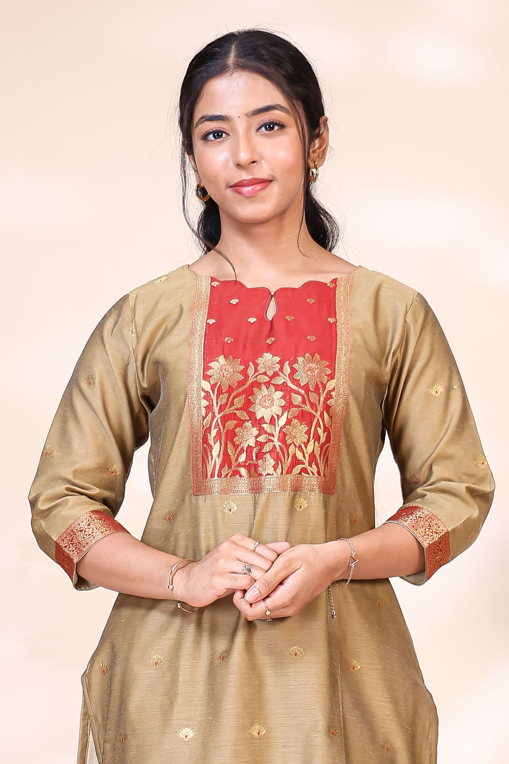 Elegant Beige and Red Kurta Set with Zari Woven Dupatta