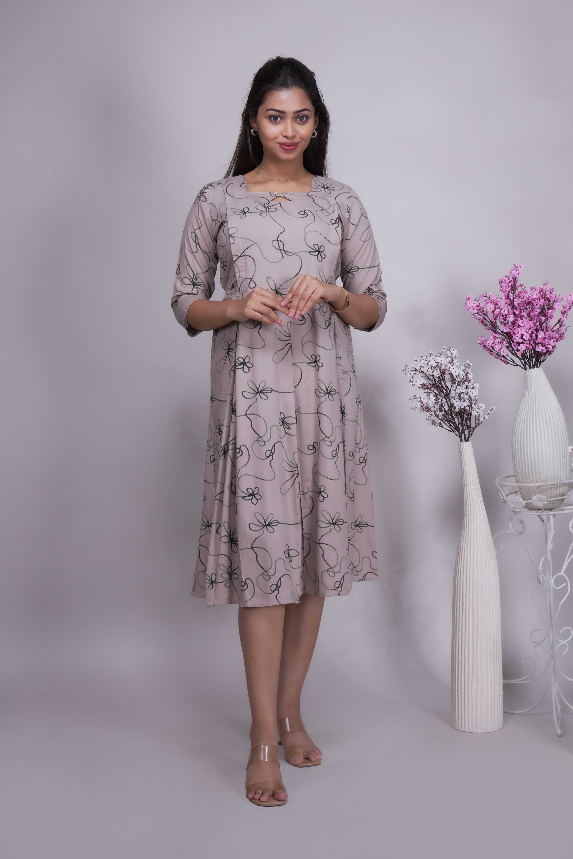 Women's Abstract Floral Printed A-Line Midi Dress