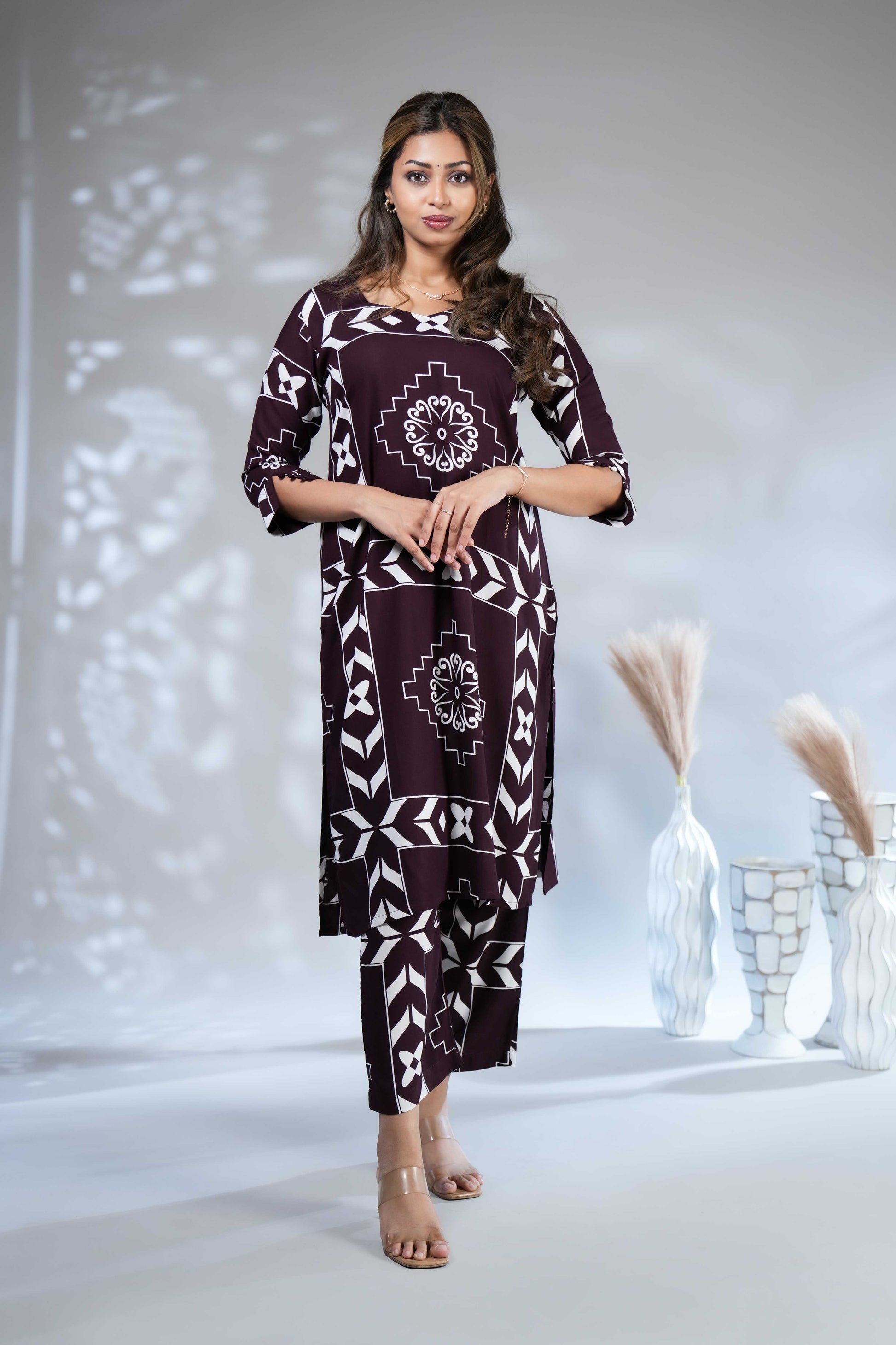 Women's Wine Wine-Coloured Geometric & Ethnic Print Co-ord Set