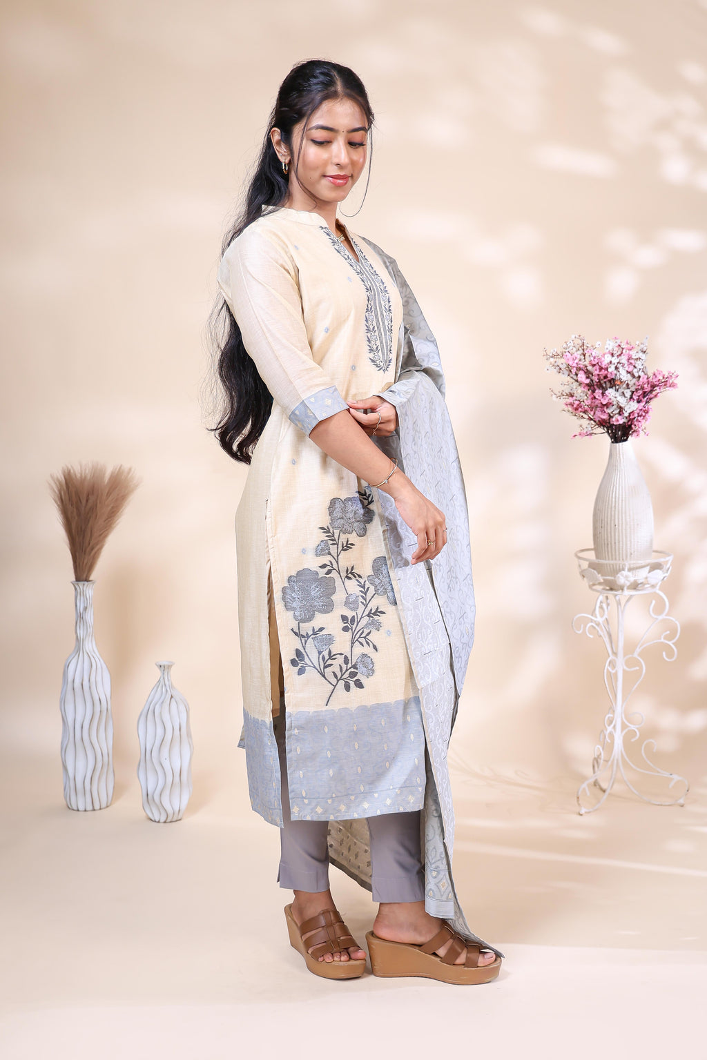 Elegant Beige & Light Blue Floral Embroidered Cotton Kurta Set