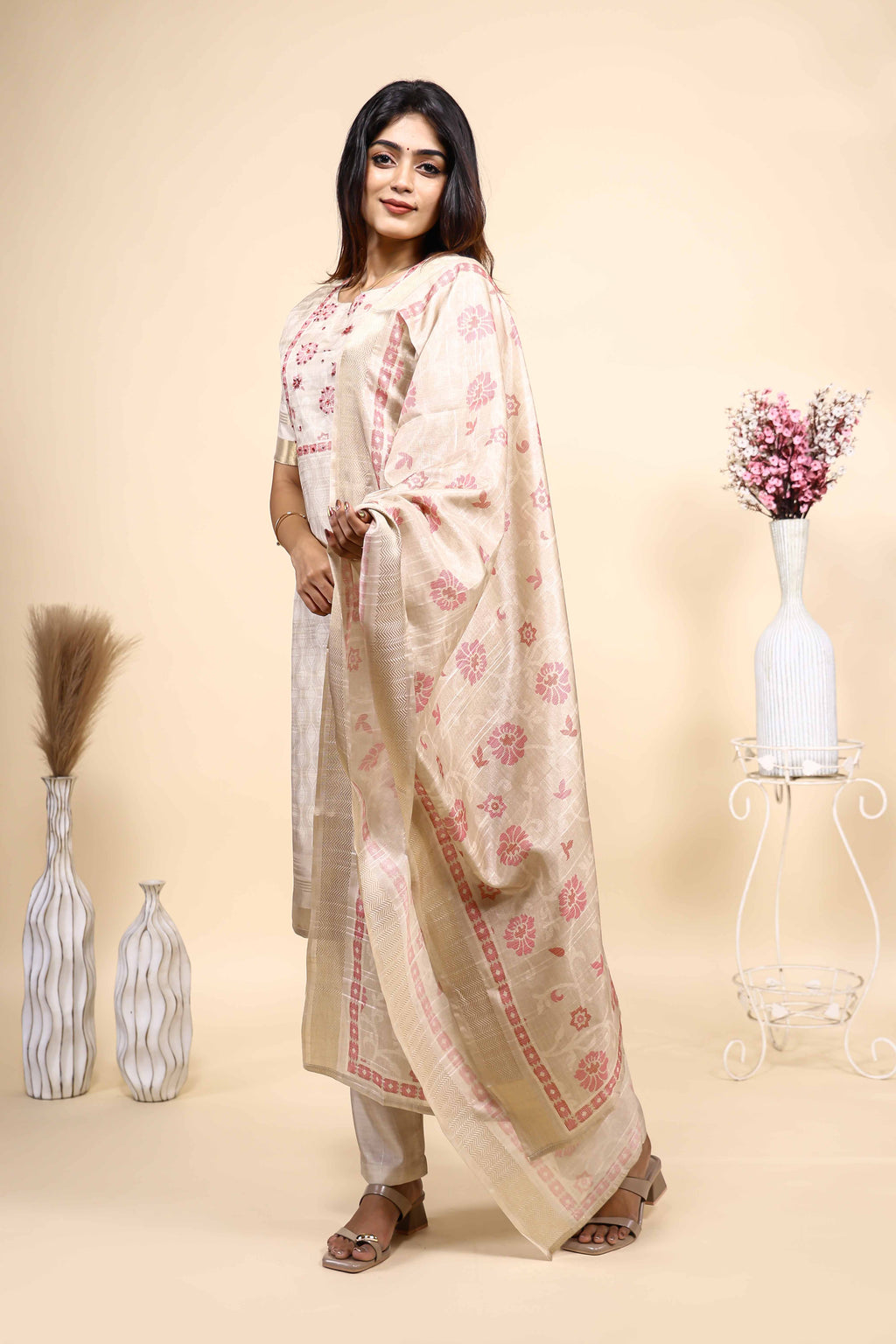 Elegant Beige loral Embroidered Unstitched/Stitched Salwar Suit Set with Matching Dupatta set
