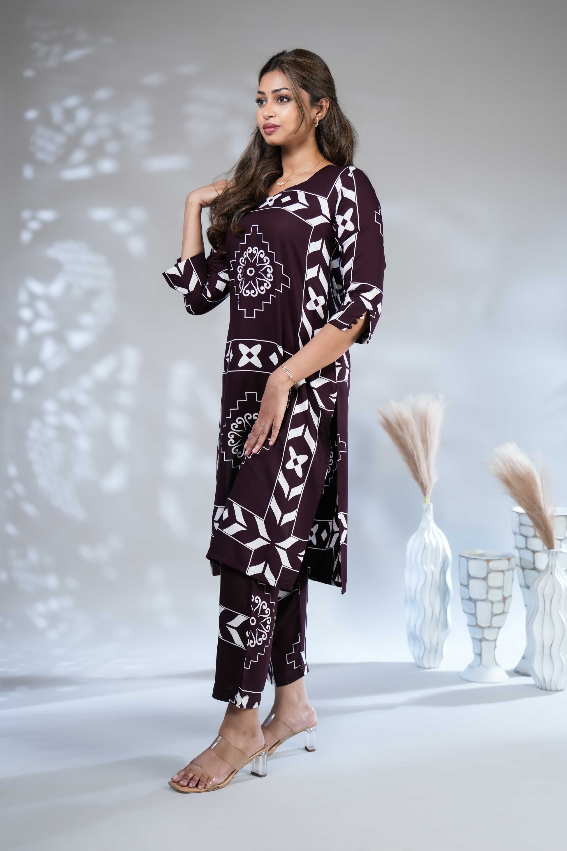 Women's Wine Wine-Coloured Geometric & Ethnic Print Co-ord Set
