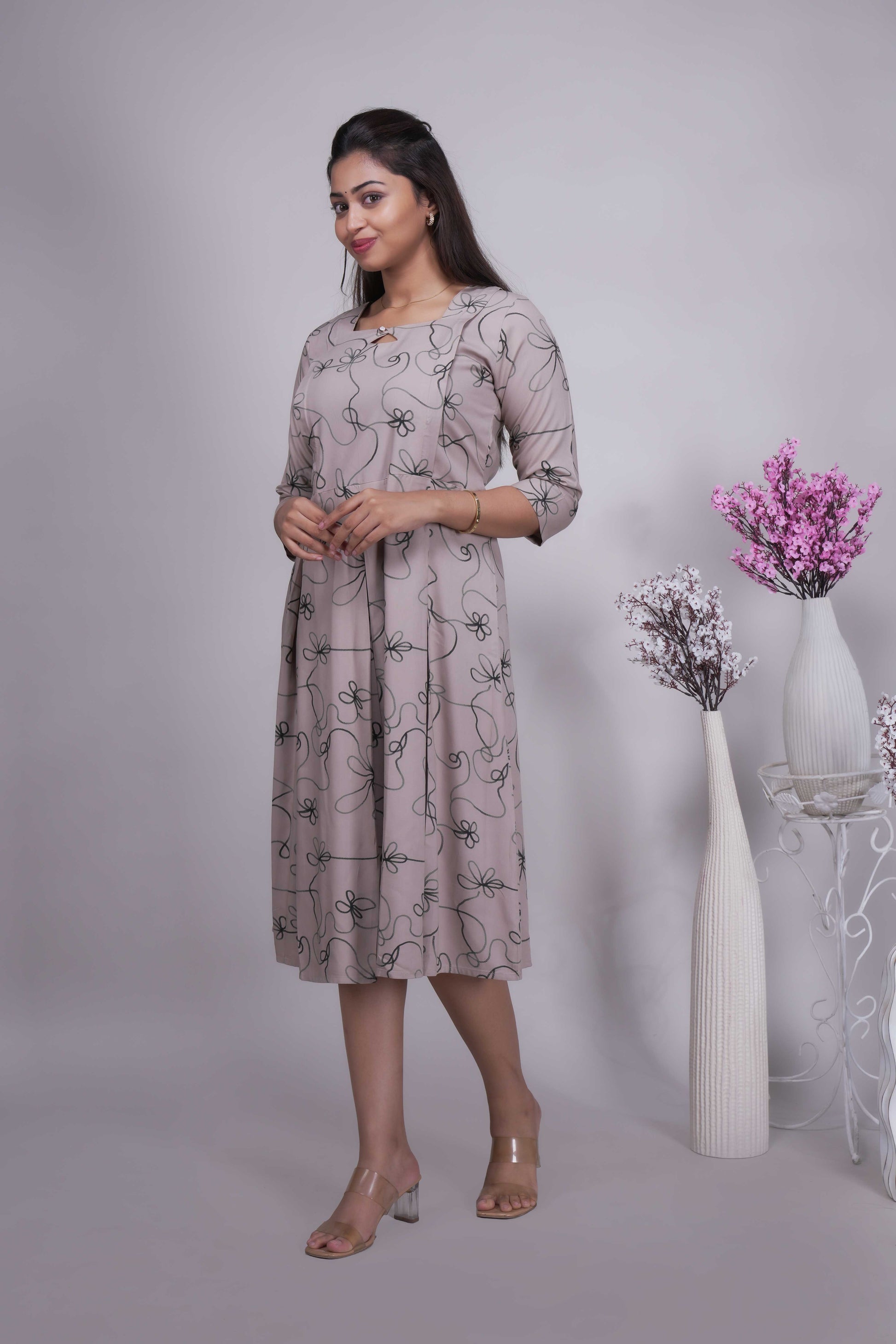 Women's Abstract Floral Printed A-Line Midi Dress