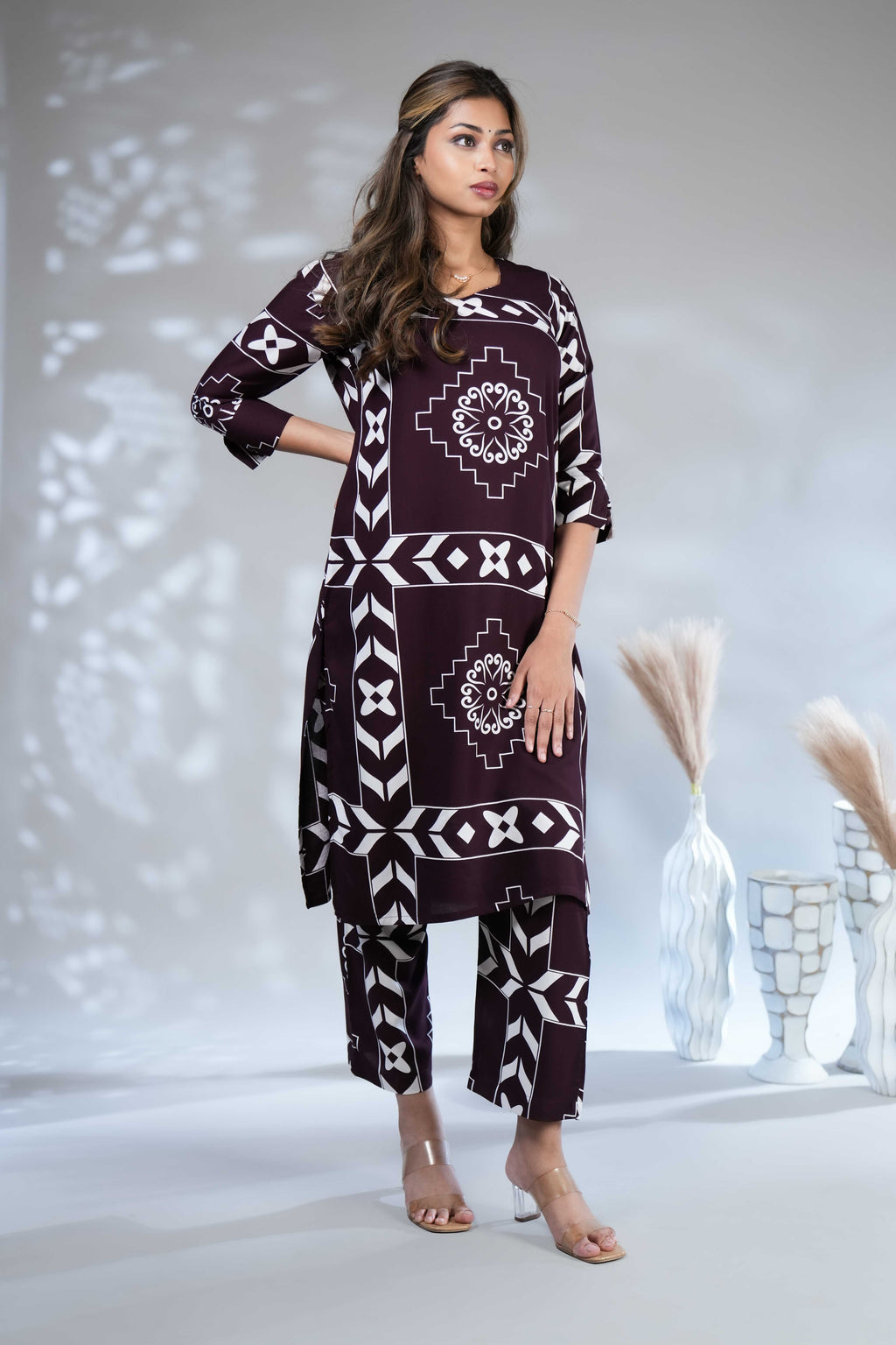 Women's Wine Wine-Coloured Geometric & Ethnic Print Co-ord Set