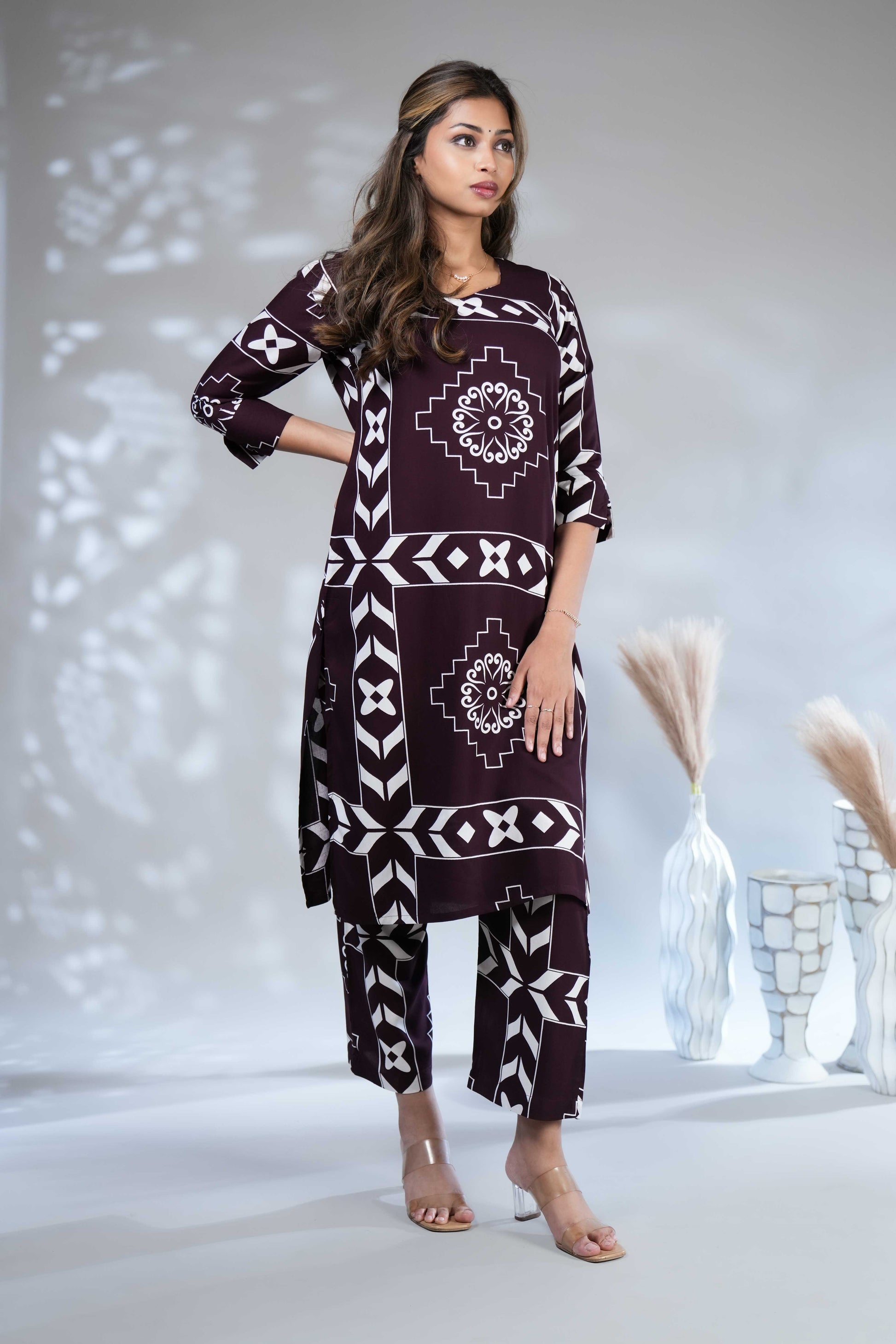 Women's Wine Wine-Coloured Geometric & Ethnic Print Co-ord Set