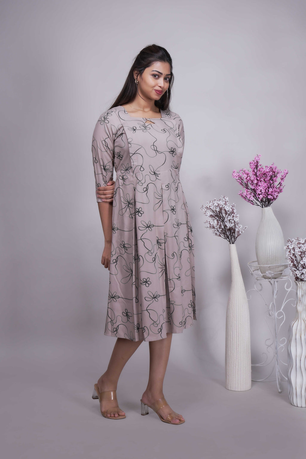 Women's Abstract Floral Printed A-Line Midi Dress