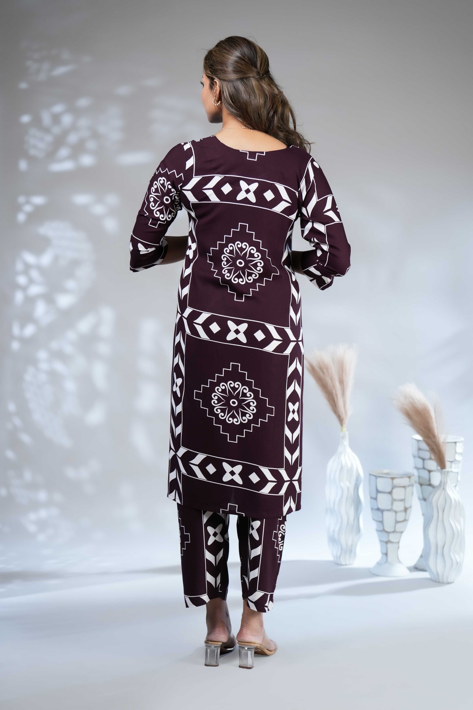 Women's Wine Wine-Coloured Geometric & Ethnic Print Co-ord Set