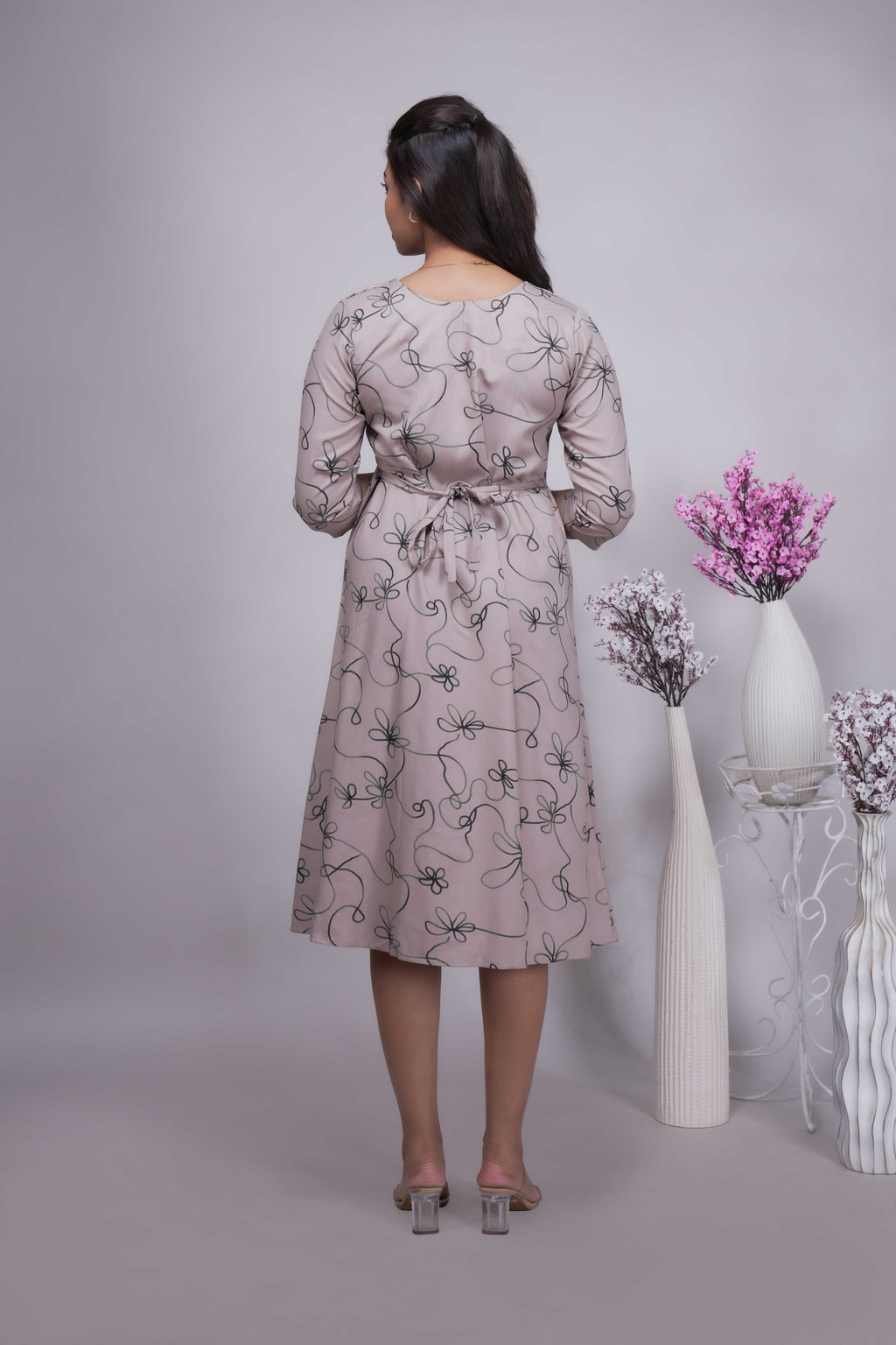 Women's Abstract Floral Printed A-Line Midi Dress