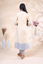 Elegant Beige & Light Blue Floral Embroidered Cotton Kurta Set
