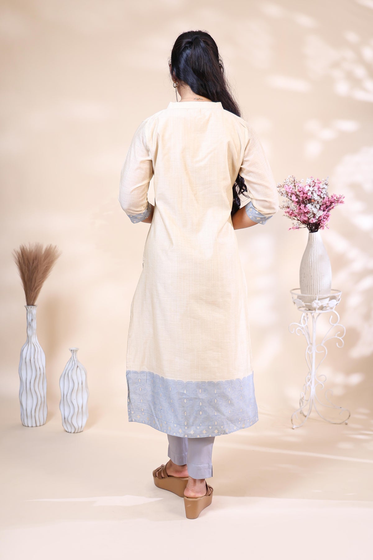 Elegant Beige & Light Blue Floral Embroidered Cotton Kurta Set