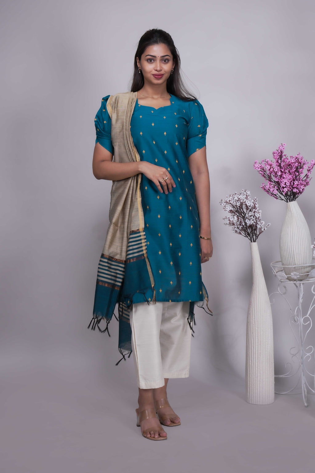 Elegant Teal Blue Butta Silk Kurta Set with Dupatta