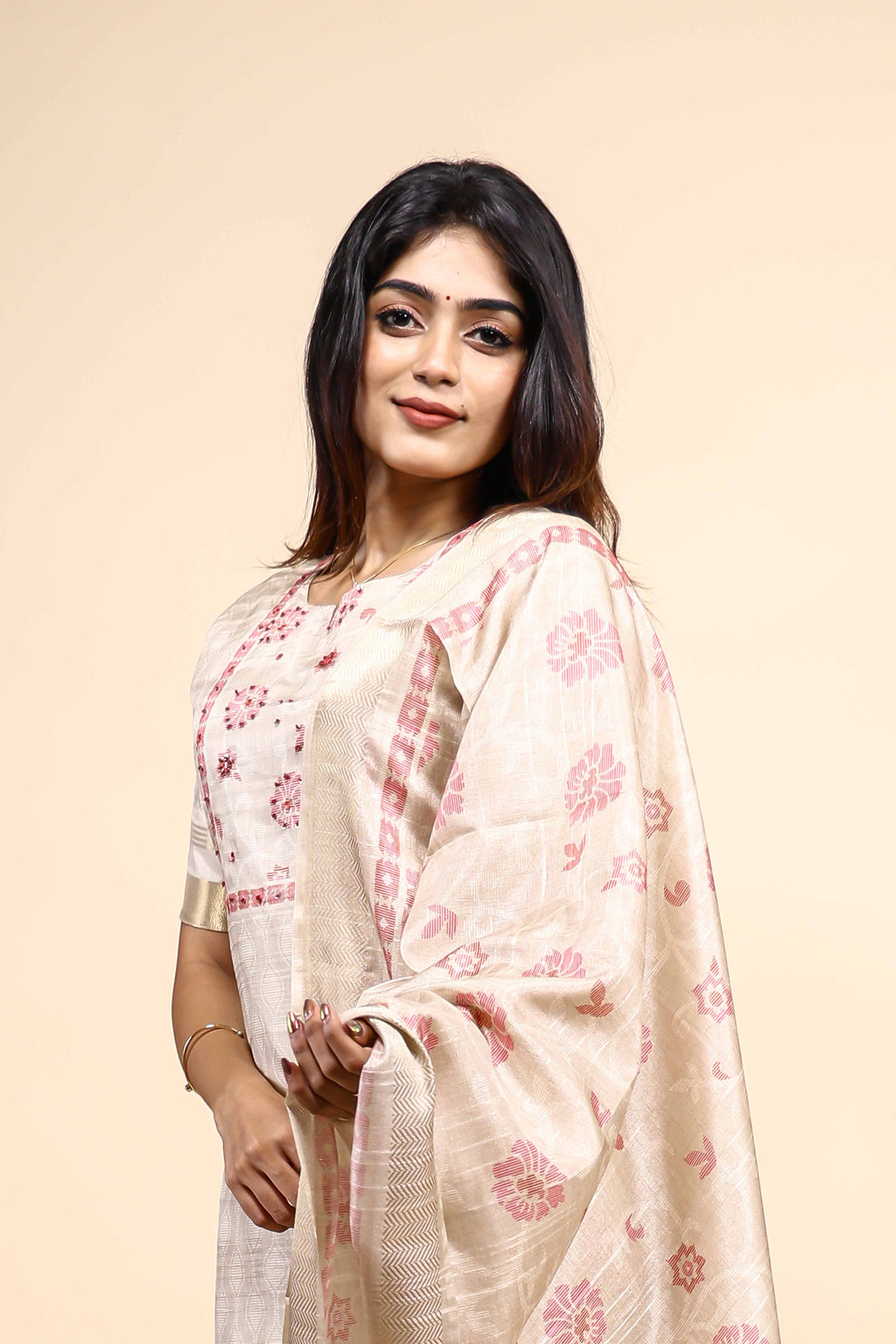 Elegant Beige loral Embroidered Unstitched/Stitched Salwar Suit Set with Matching Dupatta set