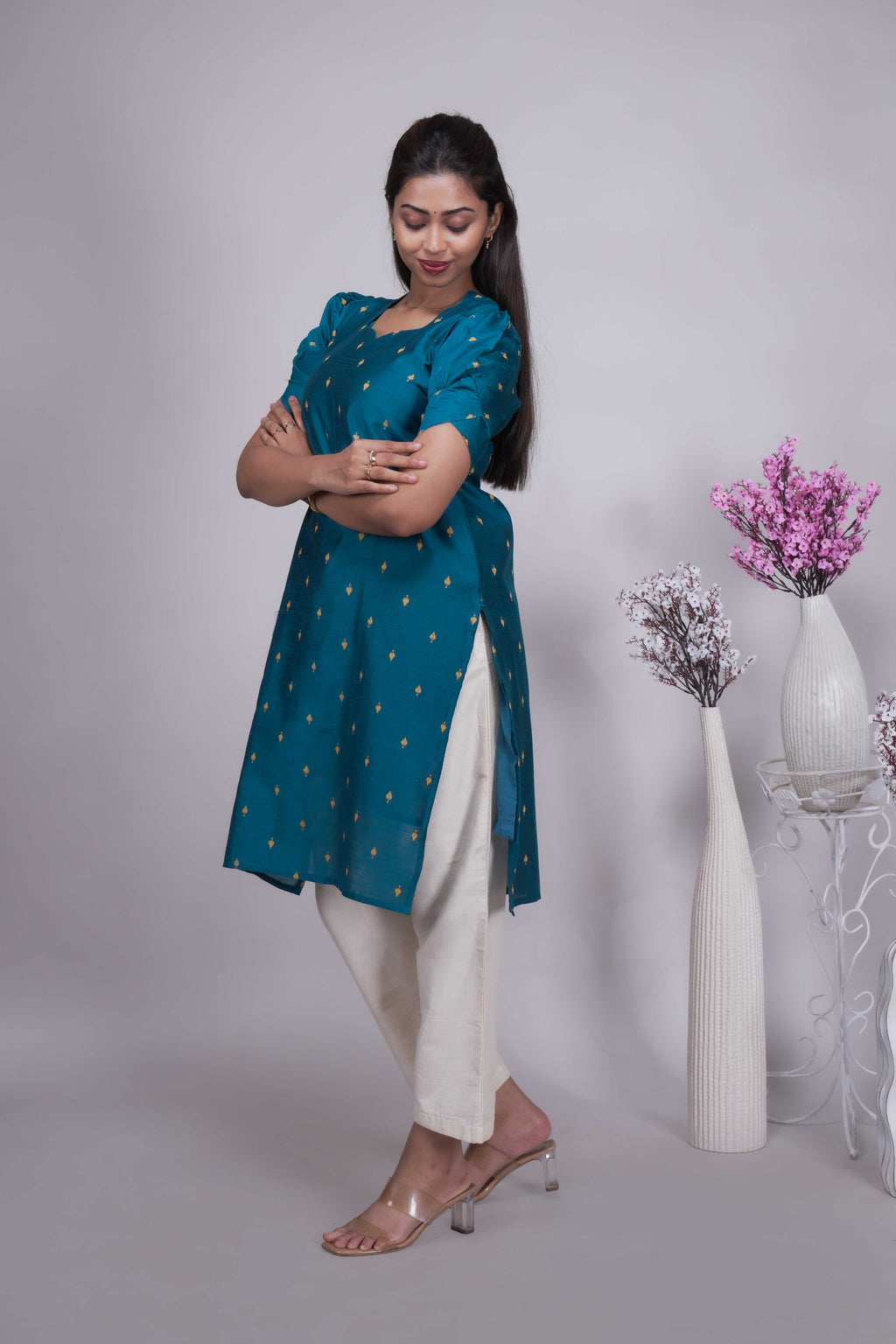 Elegant Teal Blue Butta Silk Kurta Set with Dupatta