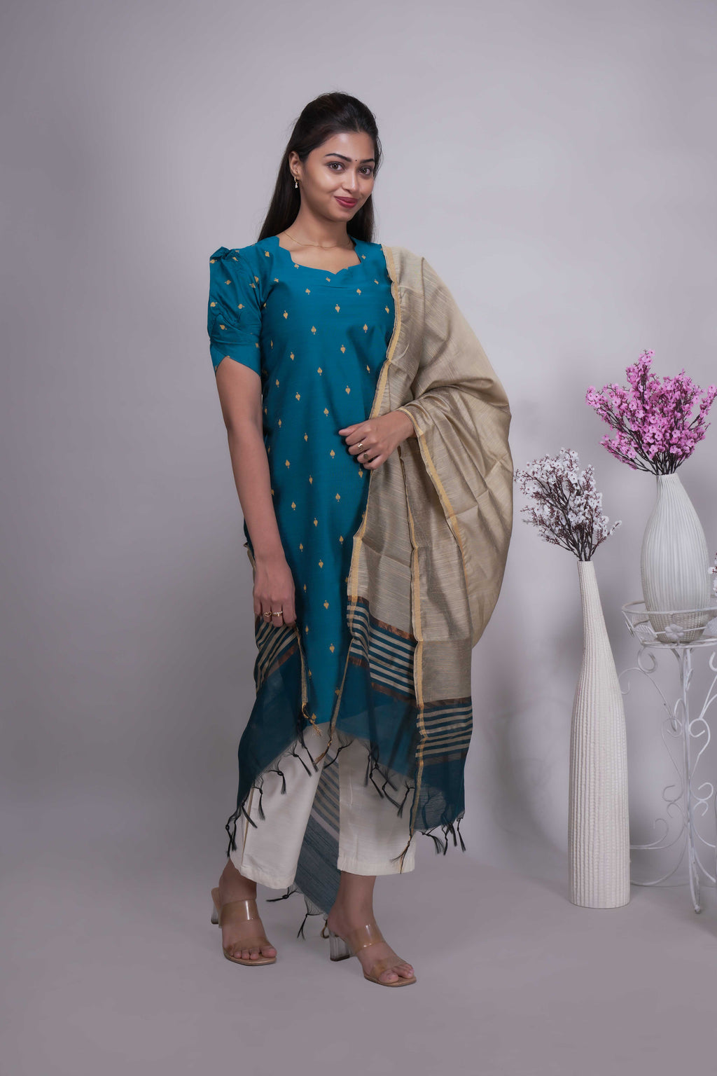 Elegant Teal Blue Butta Silk Kurta Set with Dupatta
