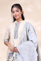 Elegant Beige & Light Blue Floral Embroidered Cotton Kurta Set