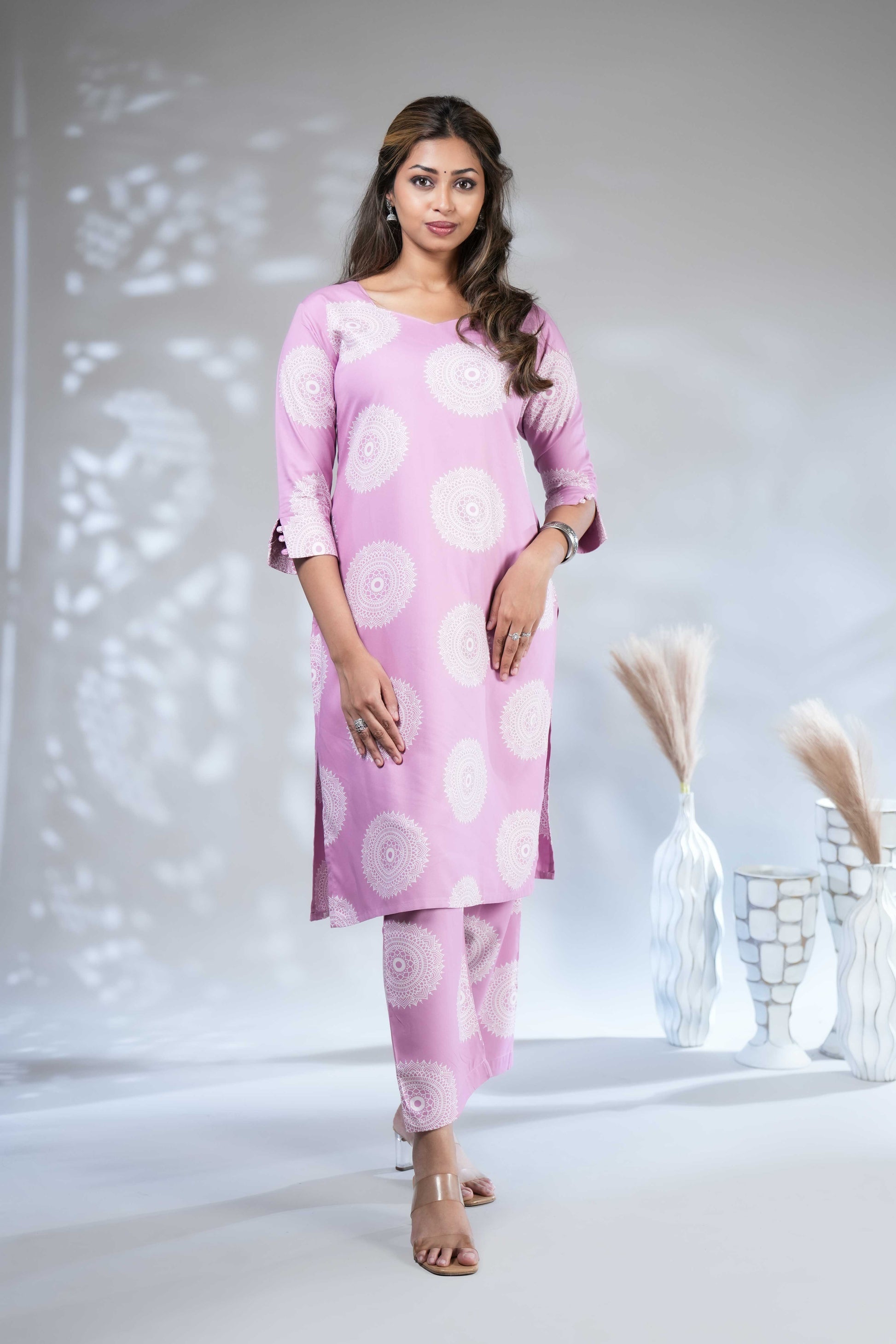 : Women's Mauve Pink & White Mandala Print Kurta with Trousers Set