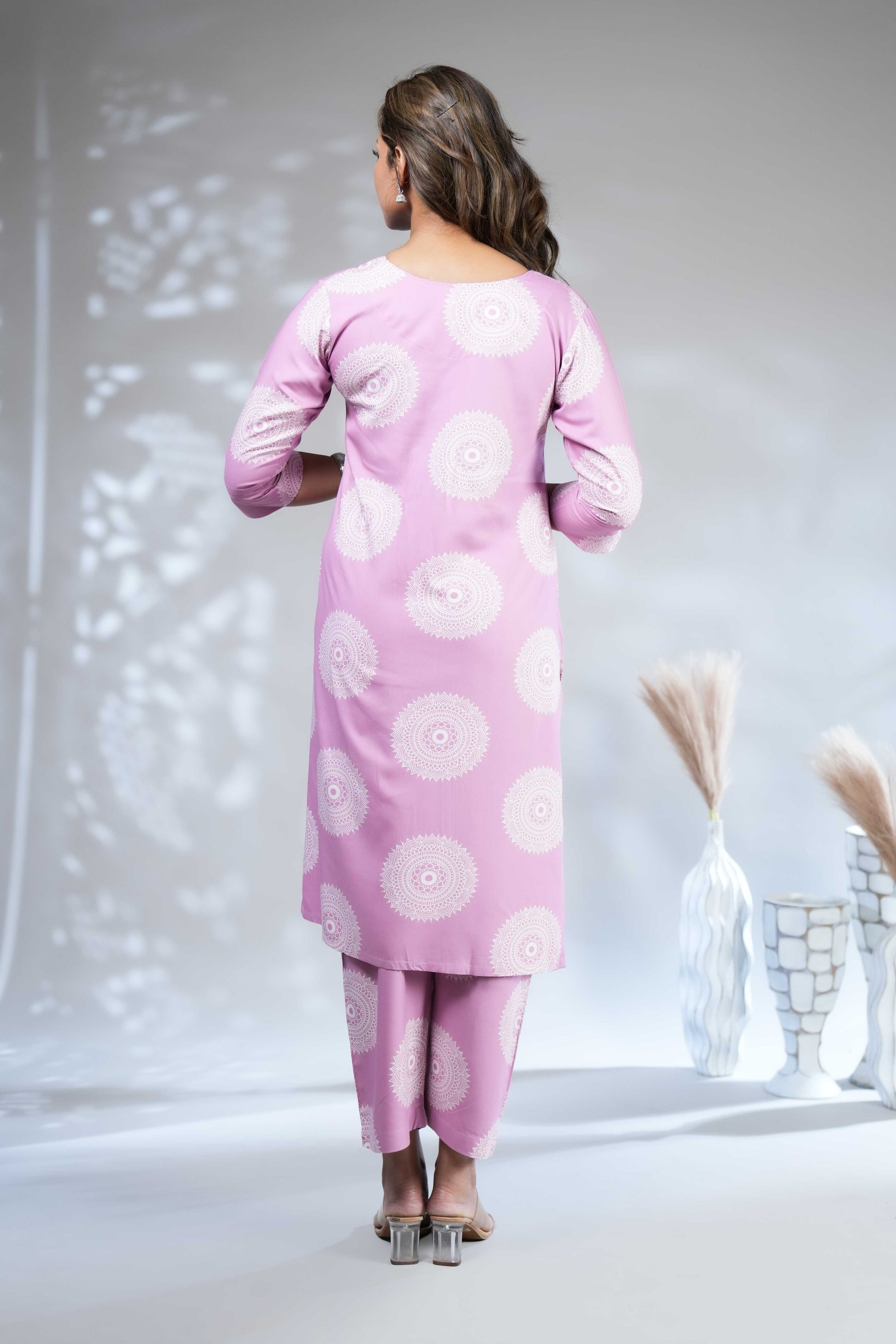 : Women's Mauve Pink & White Mandala Print Kurta with Trousers Set