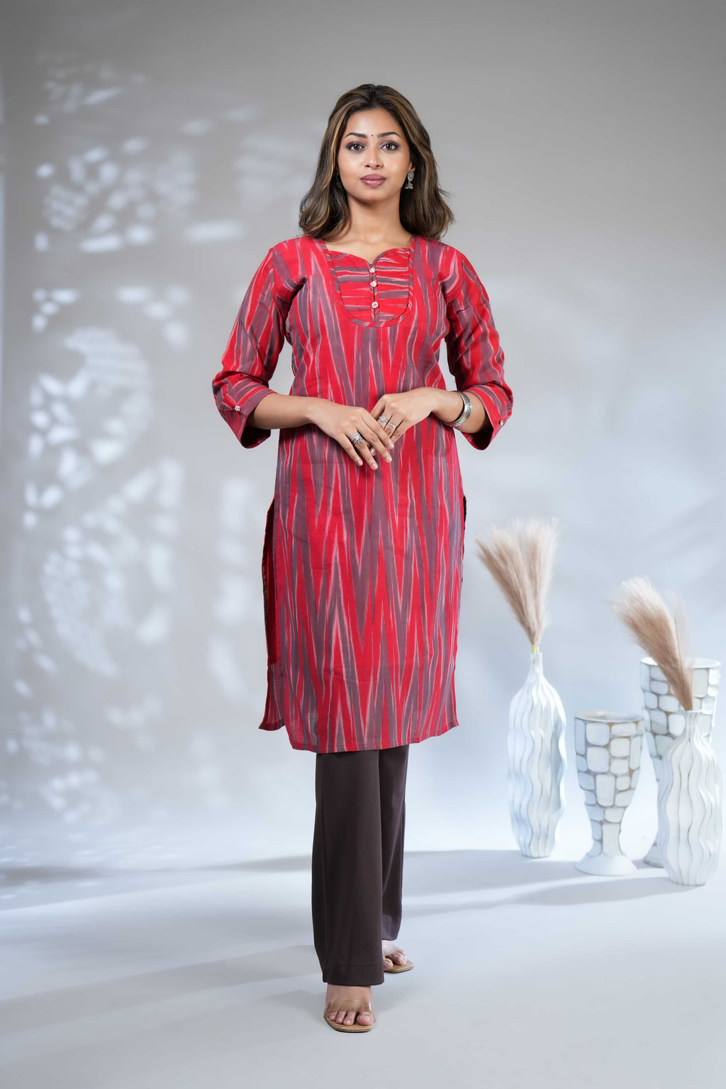 Red and Grey Ikat Print Straight Kurta