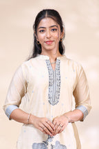Elegant Beige & Light Blue Floral Embroidered Cotton Kurta Set