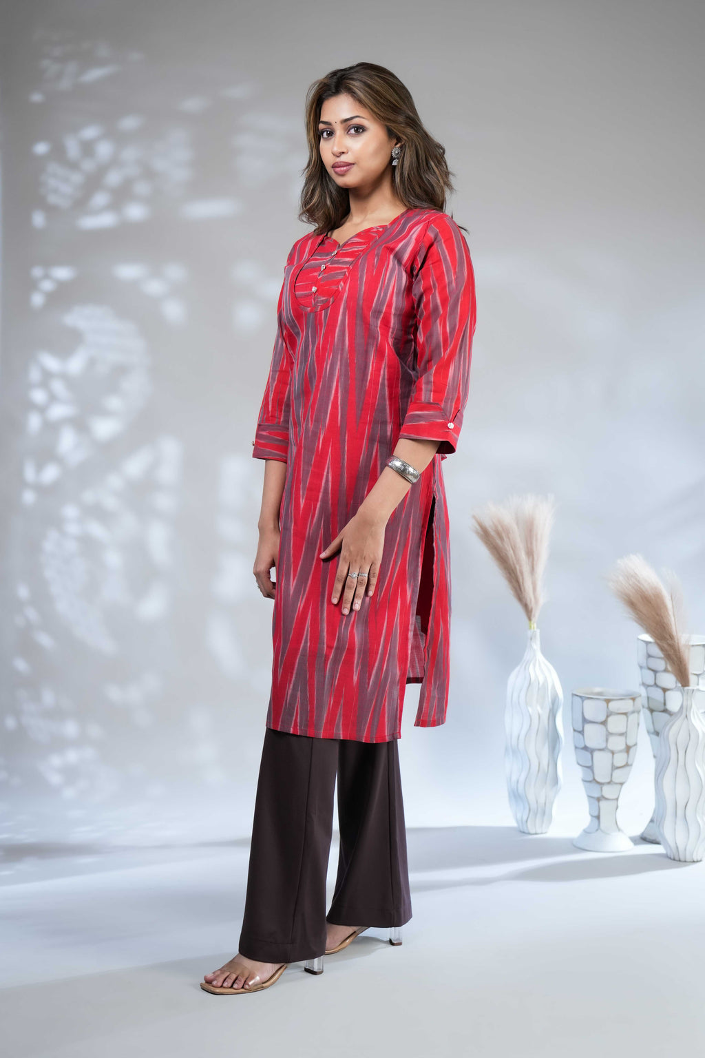 Red and Grey Ikat Print Straight Kurta