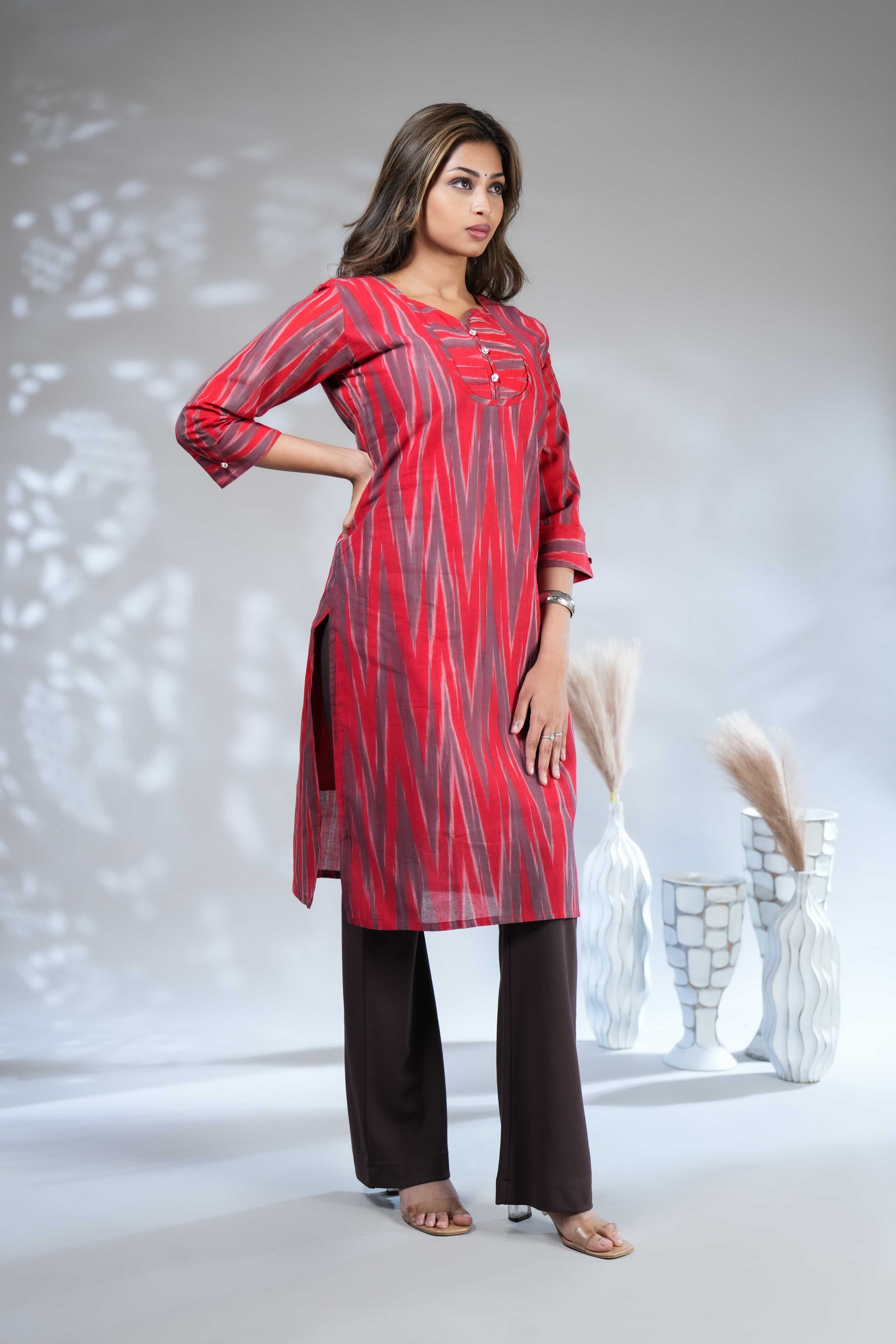 Red and Grey Ikat Print Straight Kurta