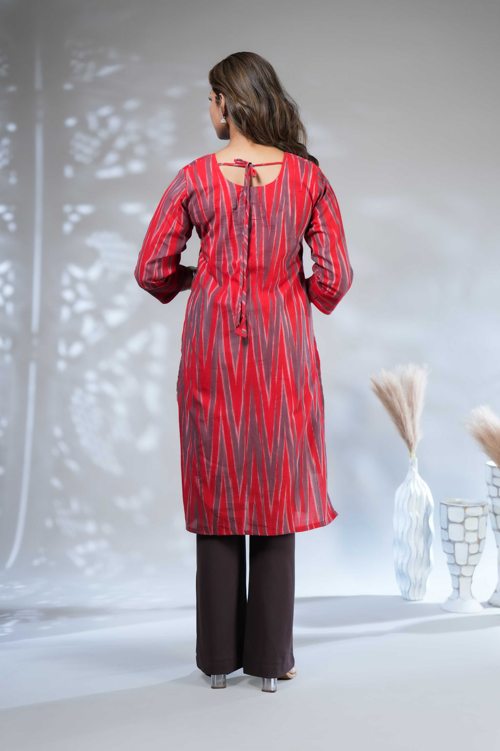 Red and Grey Ikat Print Straight Kurta