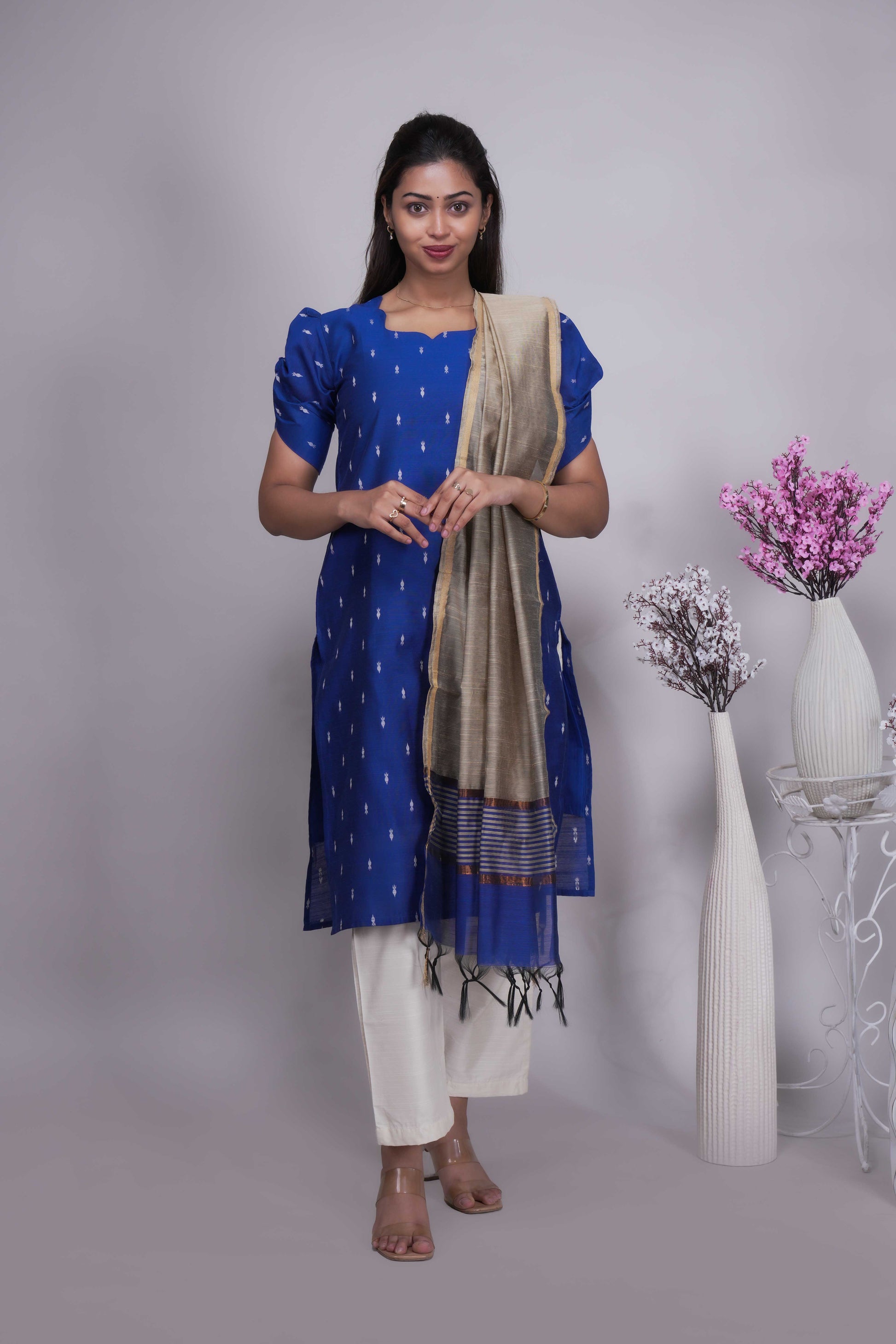 Royal Blue Chanderi Kurta Set with Beige Dupatta