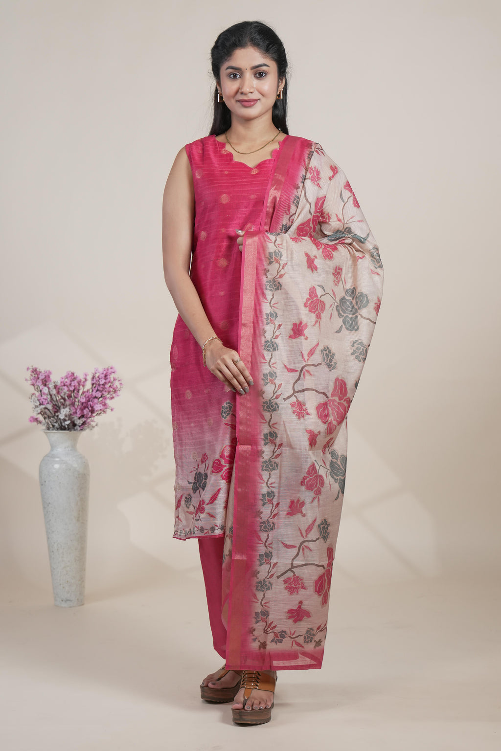 Elegant Pink Kurta Set with Floral Printed Dupatta