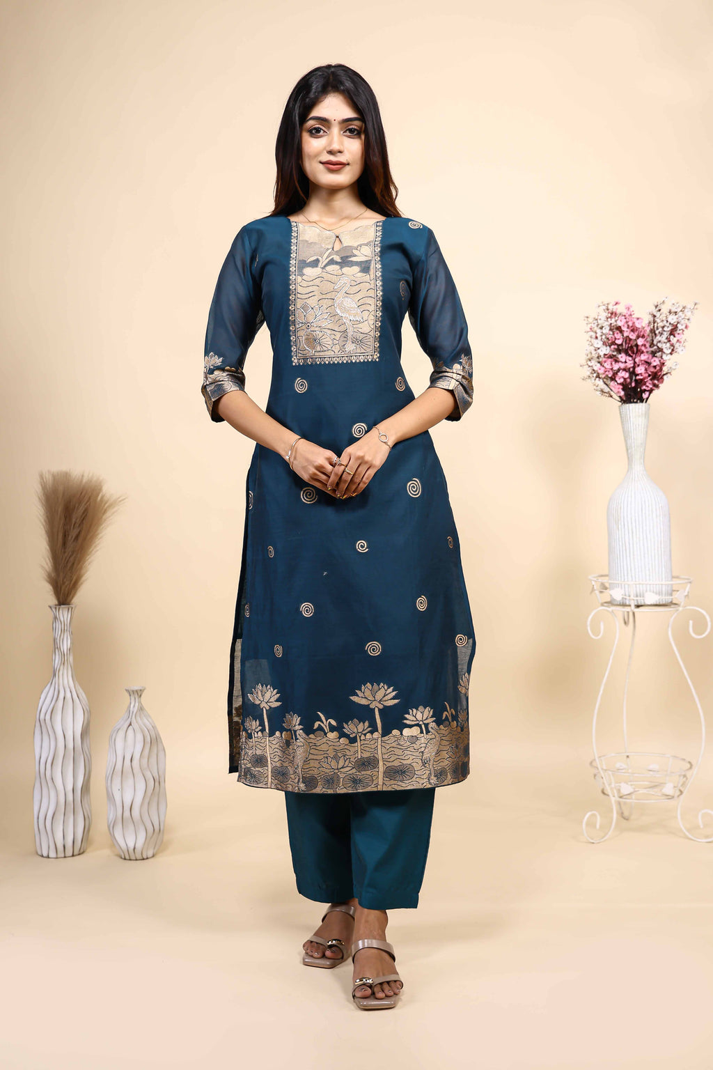 Elegant Teal Blue Woven Set with Jacquard Dupatta