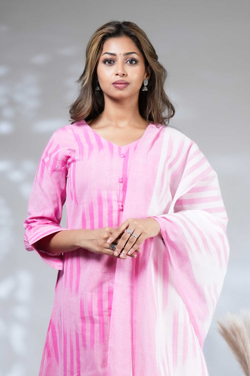 Women's Pastel Pink Geometric Print Straight Kurta Pant Set with Tasselled Dupatta