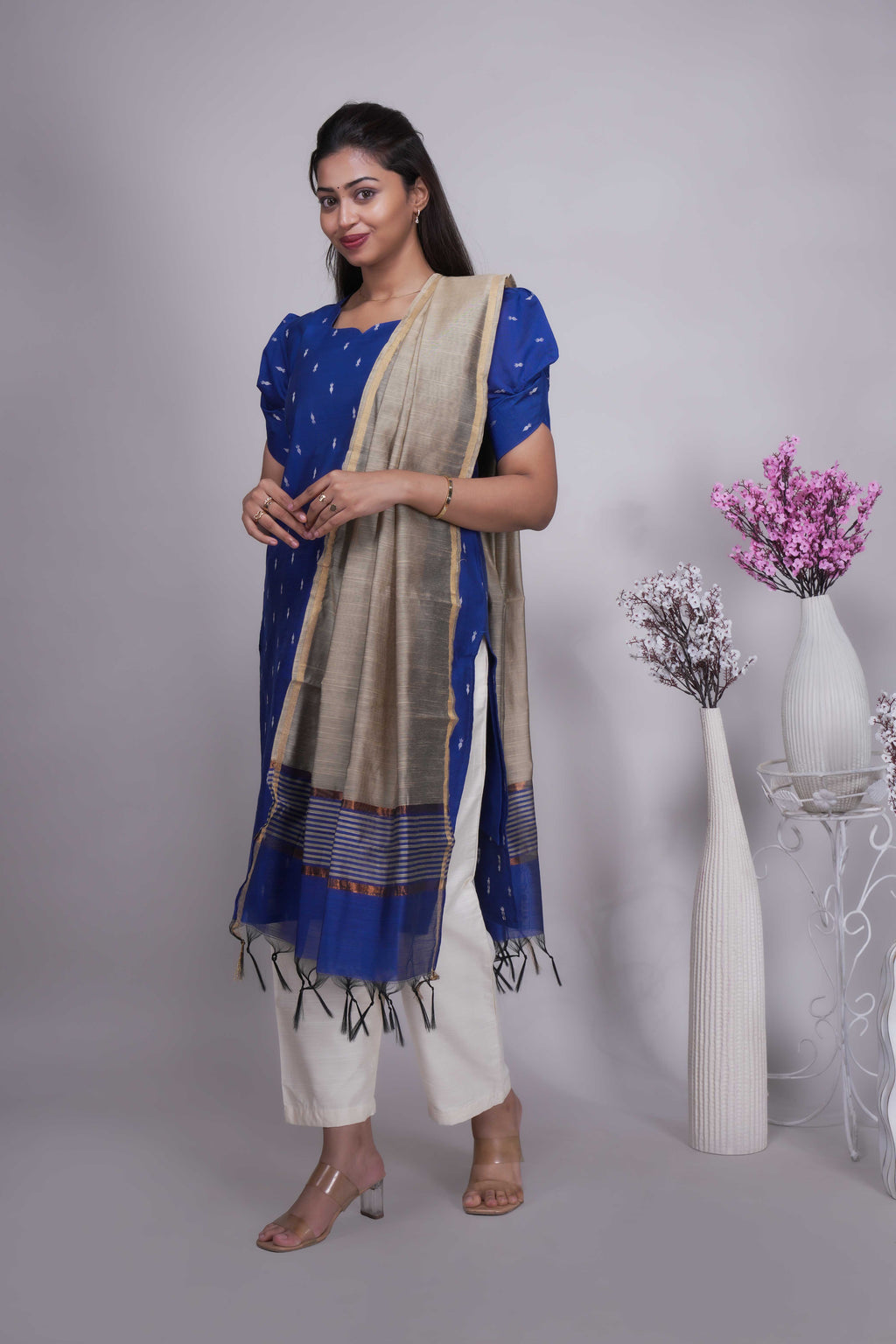 Royal Blue Chanderi Kurta Set with Beige Dupatta