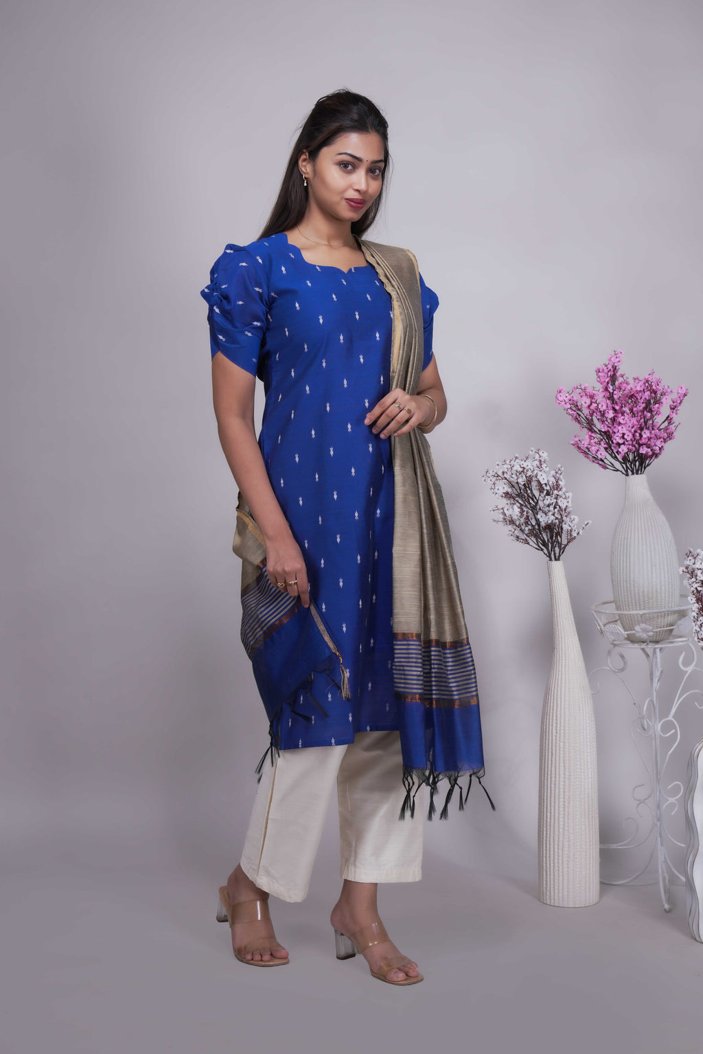 Royal Blue Chanderi Kurta Set with Beige Dupatta